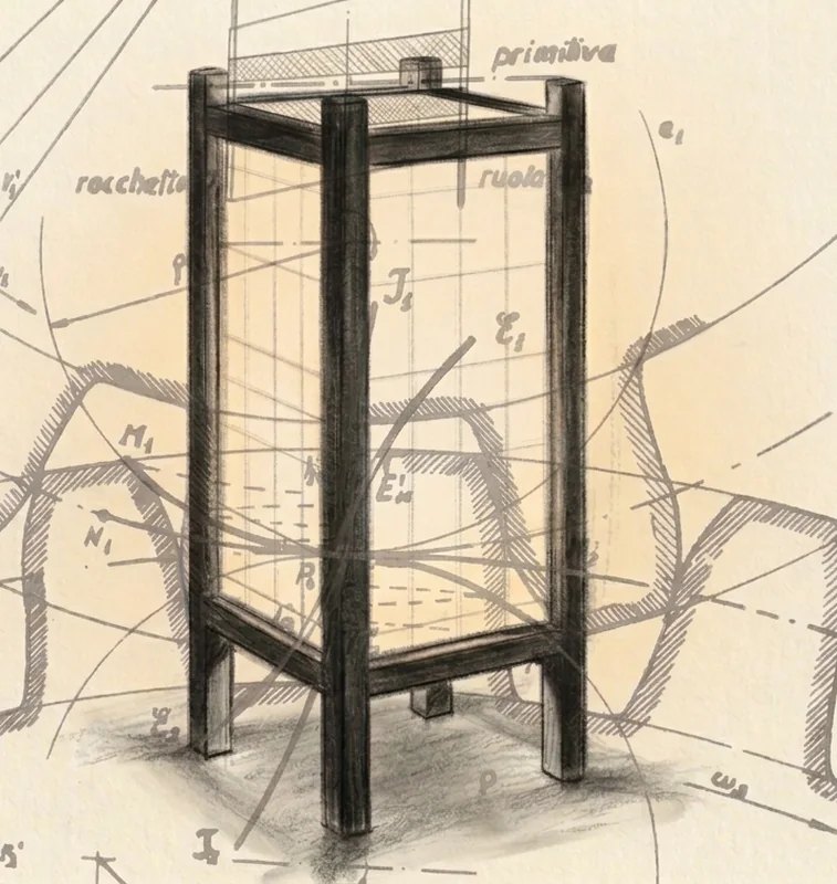 Lanterna Andon stilizzata, disegnata su una tavola tecnica di costruzione di ruote dentate.
